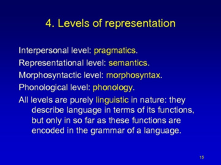 4. Levels of representation Interpersonal level: pragmatics. Representational level: semantics. Morphosyntactic level: morphosyntax. Phonological