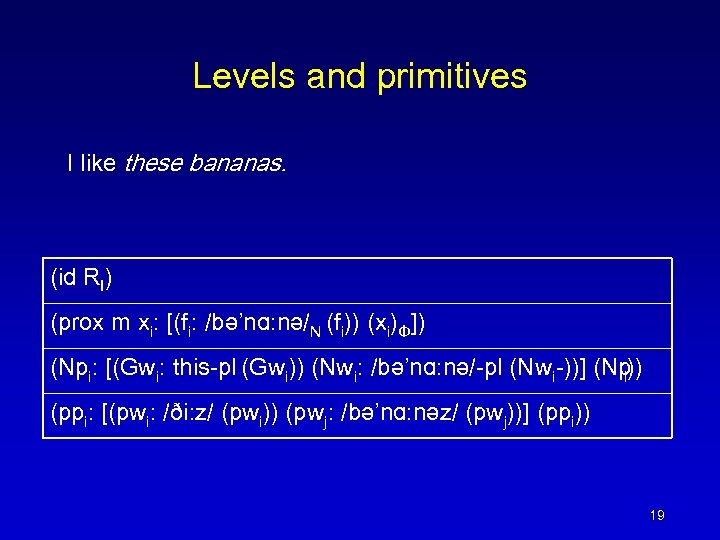 Levels and primitives I like these bananas. (id RI) (prox m xi: [(fi: /bə’nɑ: