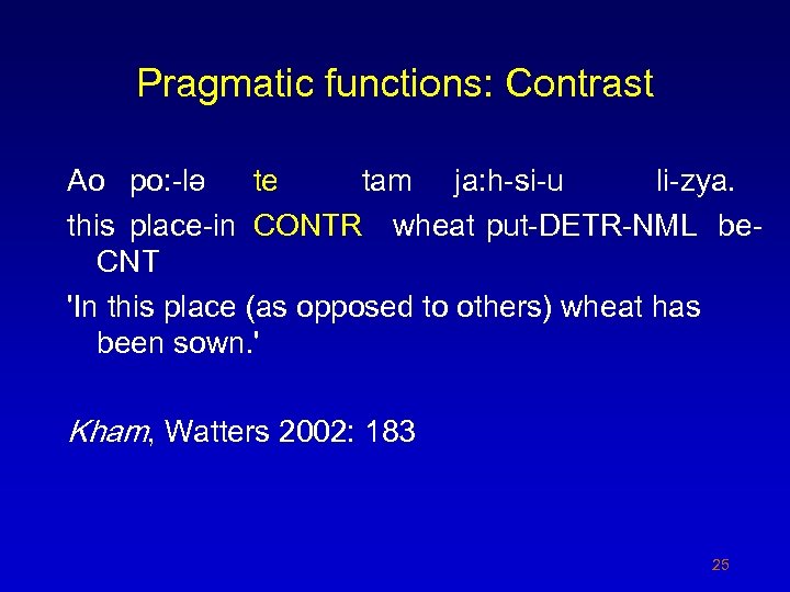 Pragmatic functions: Contrast Ao po: -lә te tam ja: h-si-u li-zya. this place-in CONTR