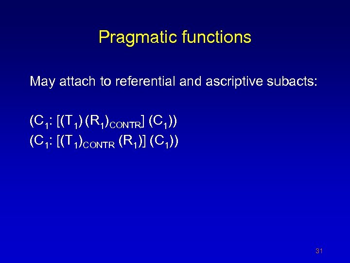 Pragmatic functions May attach to referential and ascriptive subacts: (C 1: [(T 1) (R