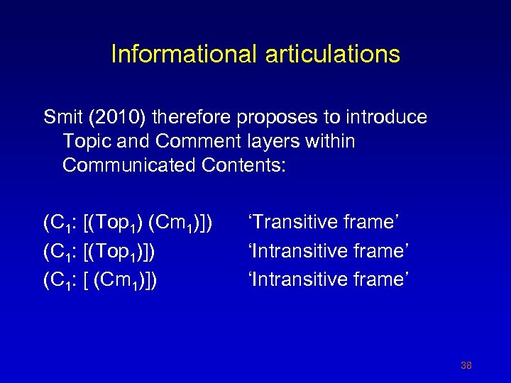 Informational articulations Smit (2010) therefore proposes to introduce Topic and Comment layers within Communicated