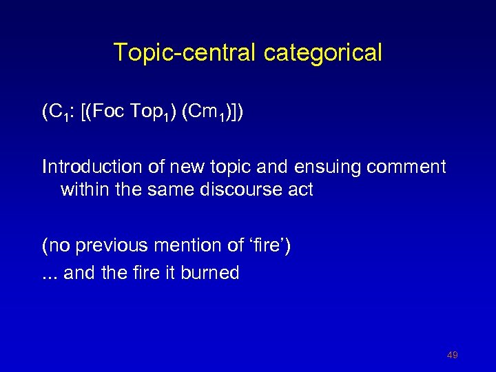 Topic-central categorical (C 1: [(Foc Top 1) (Cm 1)]) Introduction of new topic and