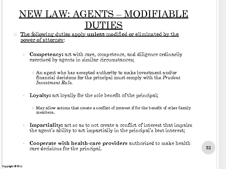 NEW LAW: AGENTS – MODIFIABLE DUTIES The following duties apply unless modified or eliminated