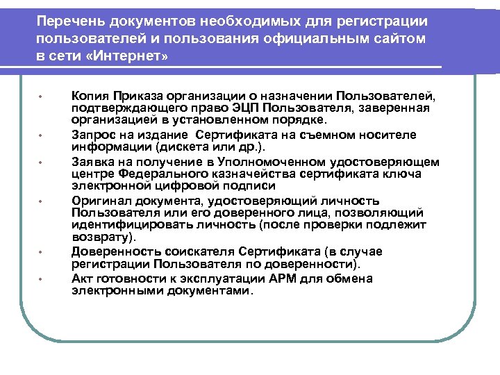 Перечень документов необходимых для регистрации пользователей и пользования официальным сайтом в сети «Интернет» •