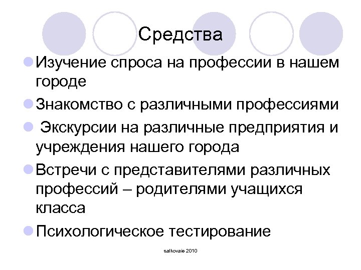 Средства l Изучение спроса на профессии в нашем городе l Знакомство с различными профессиями