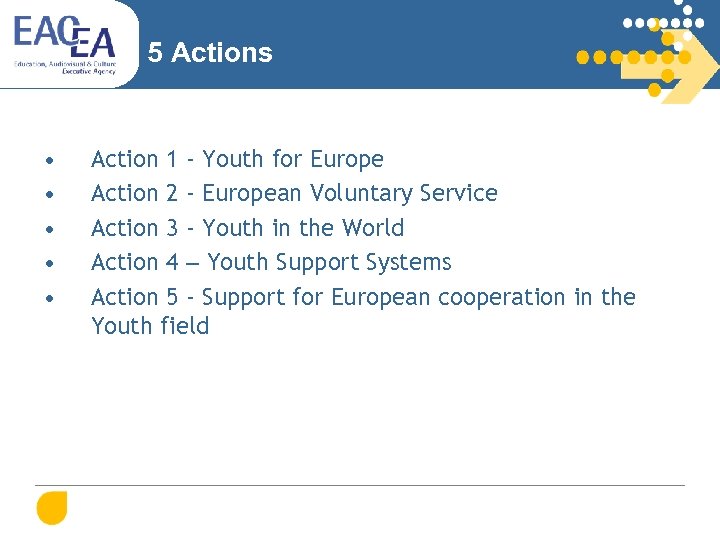 5 Actions • • • Action 1 - Youth for Europe Action 2 -