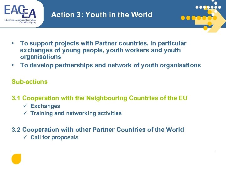 Action 3: Youth in the World • To support projects with Partner countries, in