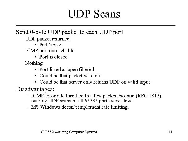 UDP Scans Send 0 -byte UDP packet to each UDP port UDP packet returned