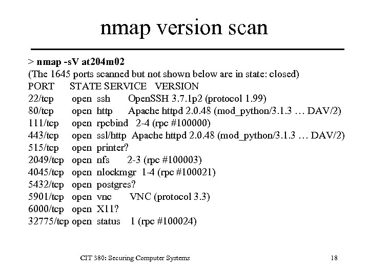 nmap version scan > nmap -s. V at 204 m 02 (The 1645 ports