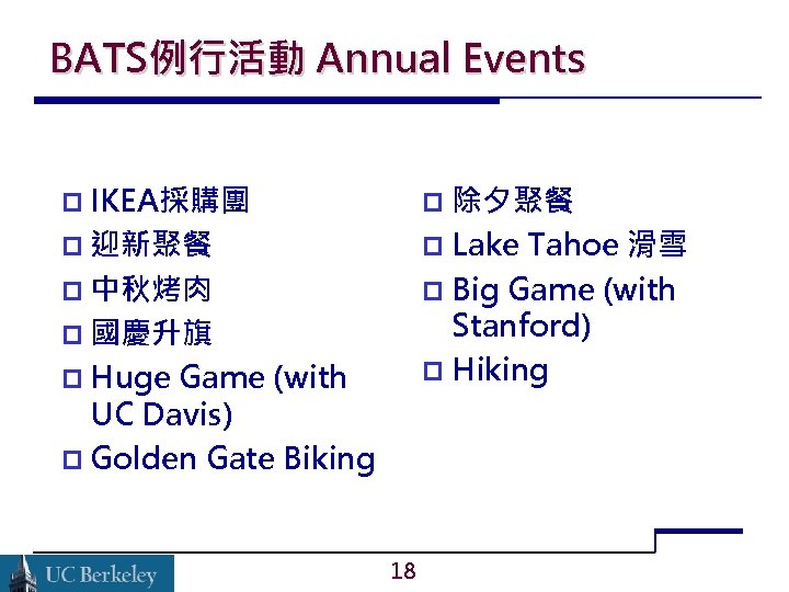 BATS例行活動 Annual Events IKEA採購團 除夕聚餐 迎新聚餐 Lake Tahoe 滑雪 Big Game (with Stanford) Hiking