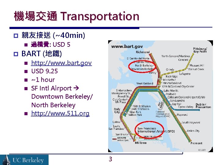 機場交通 Transportation 親友接送 (~40 min) 過橋費: USD 5 BART (地鐵) http: //www. bart. gov