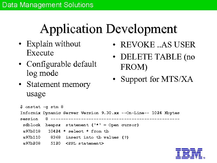 Data Management Solutions Application Development • Explain without Execute • Configurable default log mode