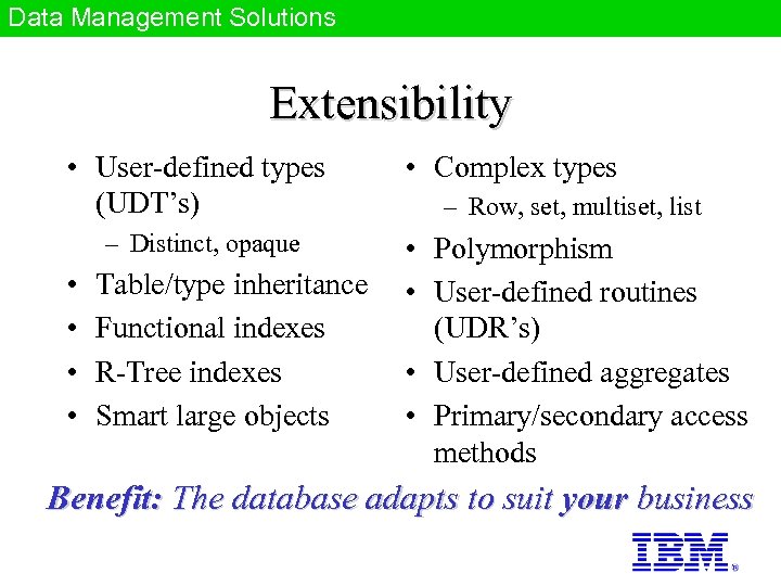 Data Management Solutions Extensibility • User-defined types (UDT’s) – Distinct, opaque • • Table/type