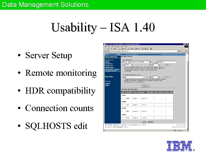 Data Management Solutions Usability – ISA 1. 40 • Server Setup • Remote monitoring