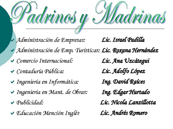 a. Administración de Empresas: Lic. Israel Padilla a. Administración de Emp. Turísticas: Lic. Roxana