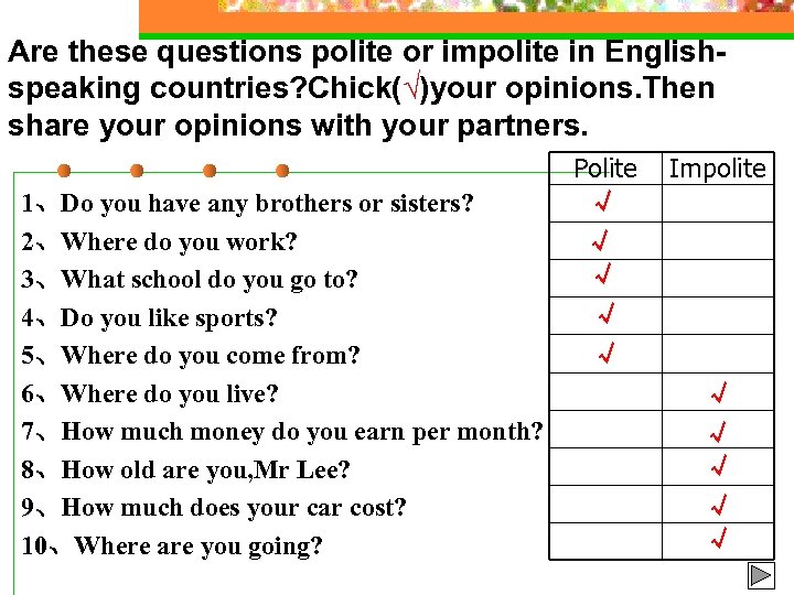Are these questions polite or impolite in Englishspeaking countries? Chick(√)your opinions. Then share your