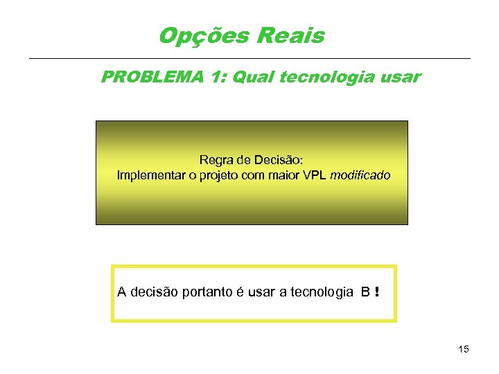 Opções Reais PROBLEMA 1: Qual tecnologia usar Regra de Decisão: Implementar o projeto com