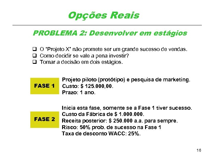 Opções Reais PROBLEMA 2: Desenvolver em estágios q O “Projeto X” não promete ser