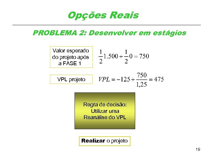 Opções Reais PROBLEMA 2: Desenvolver em estágios Valor esperado do projeto após a FASE