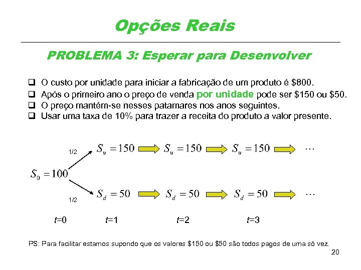 Opções Reais PROBLEMA 3: Esperar para Desenvolver q O custo por unidade para iniciar