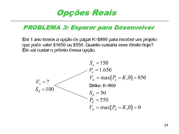 Opções Reais PROBLEMA 3: Esperar para Desenvolver Em 1 ano temos a opção de
