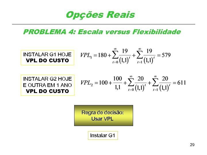 Opções Reais PROBLEMA 4: Escala versus Flexibilidade INSTALAR G 1 HOJE VPL DO CUSTO
