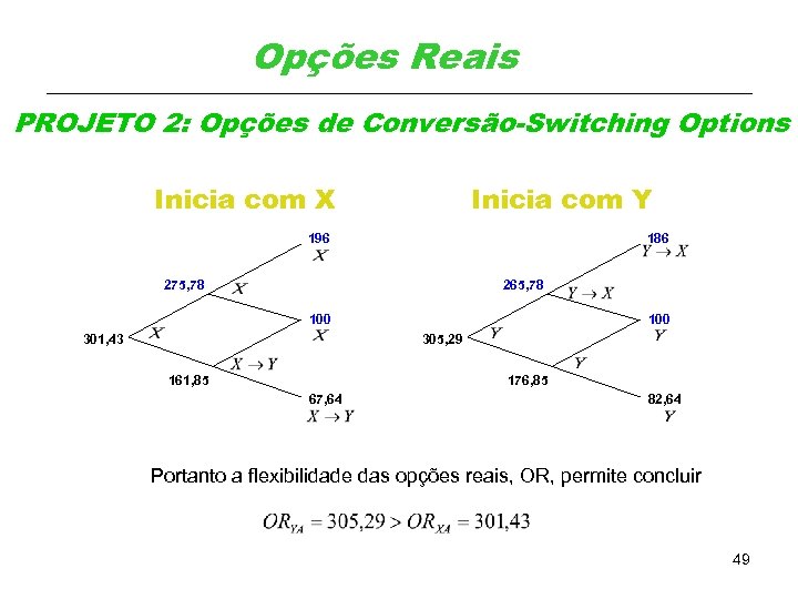 Opções Reais PROJETO 2: Opções de Conversão-Switching Options Inicia com X Inicia com Y