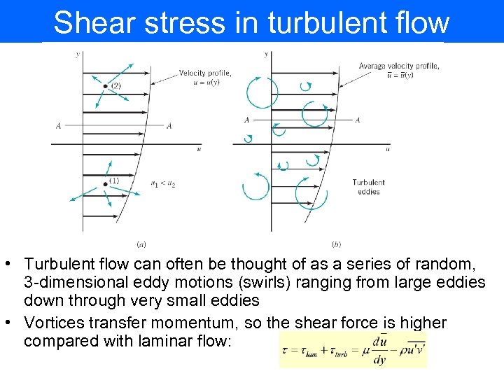 Shear stress in turbulent flow • Turbulent flow can often be thought of as