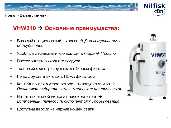 Новая «Белая линия» VHW 310 Основные преимущества: § Базовый стационарный пылесос Для встраивания в