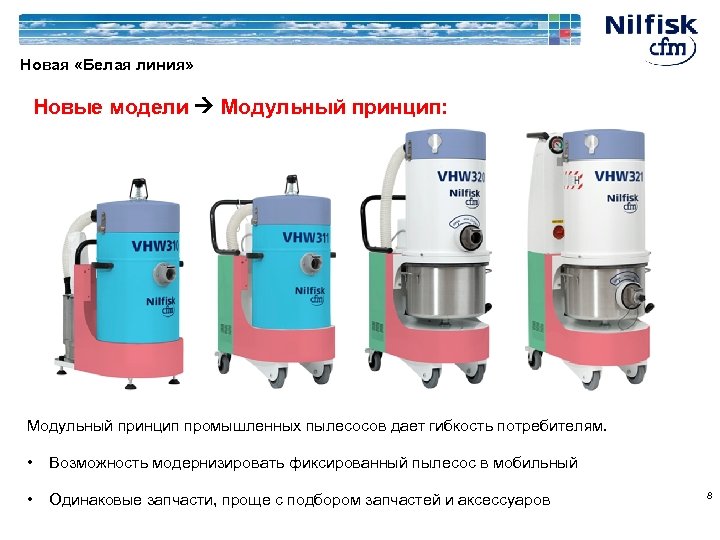 Новая «Белая линия» Новые модели Модульный принцип: Модульный принцип промышленных пылесосов дает гибкость потребителям.