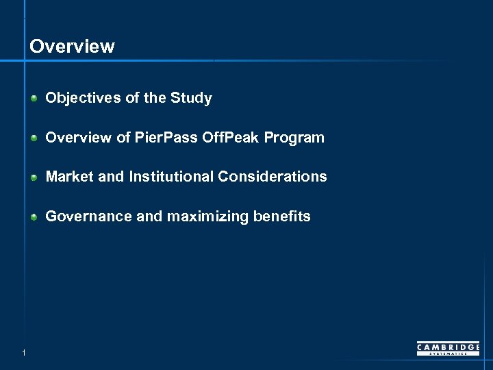 Overview Objectives of the Study Overview of Pier. Pass Off. Peak Program Market and