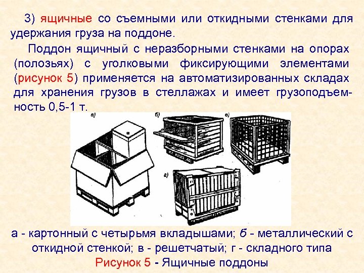 3) ящичные со съемными или откидными стенками для удержания груза на поддоне. Поддон ящичный