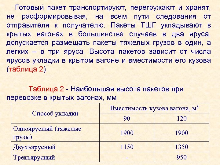 Готовый пакет транспортируют, перегружают и хранят, не расформировывая, на всем пути следования от отправителя