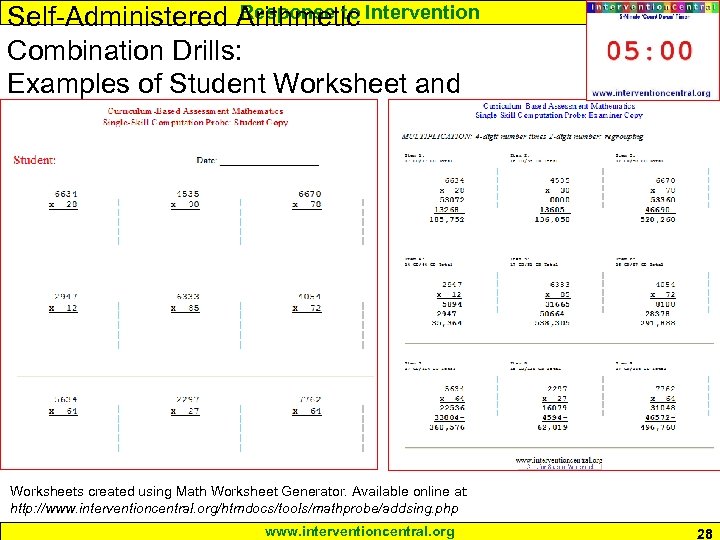 Response to Self-Administered Arithmetic Intervention Combination Drills: Examples of Student Worksheet and Answer Key