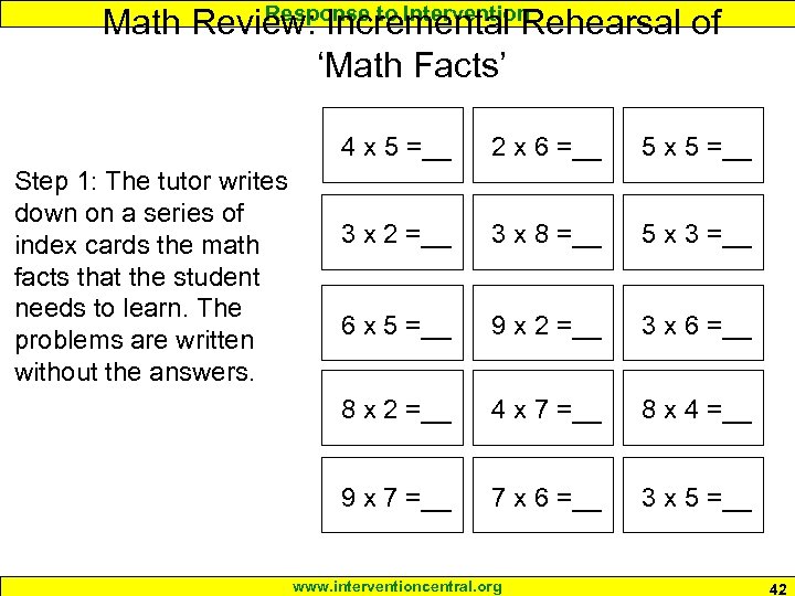 Response to Intervention Math Review: Incremental Rehearsal of ‘Math Facts’ 4 x 5 =__