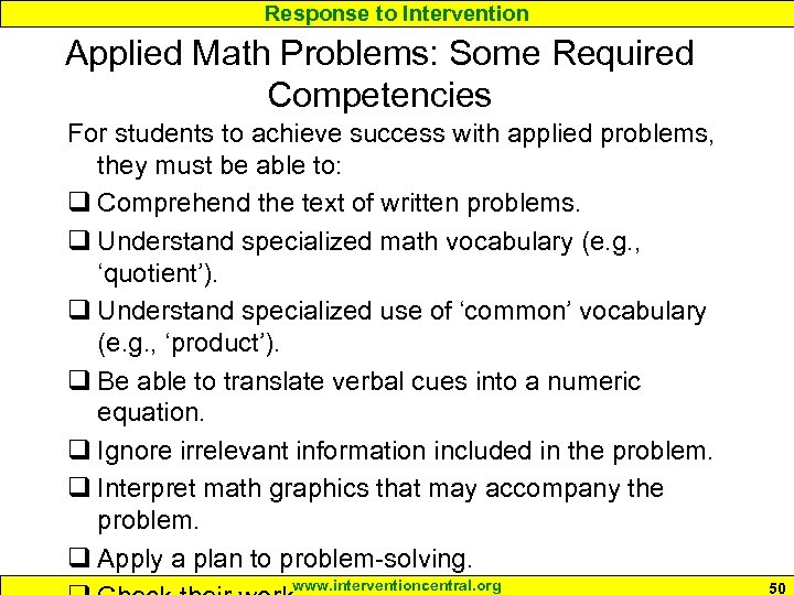 Response to Intervention Applied Math Problems: Some Required Competencies For students to achieve success