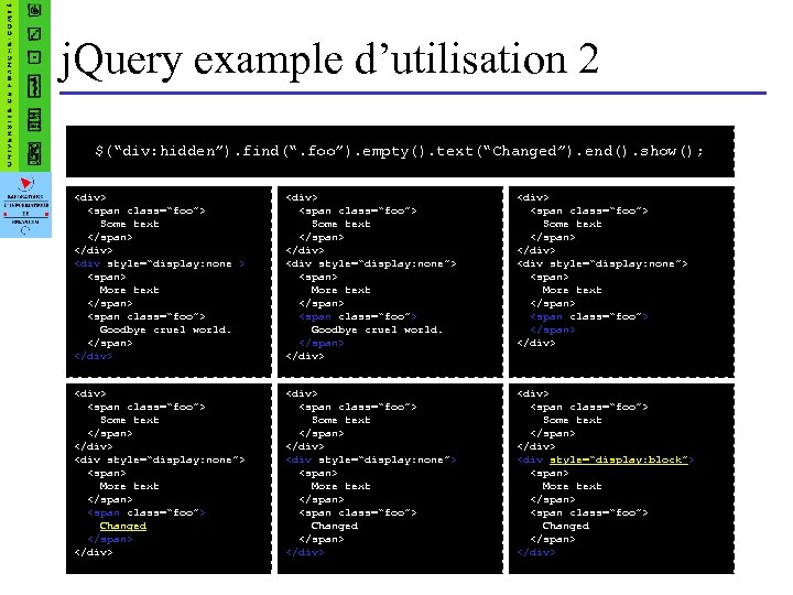 j. Query example d’utilisation 2 $(“div: hidden”). find(“. foo”). empty(). text(“Changed”). end(). show(); <div>