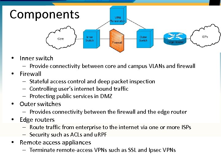 Components • Inner switch – Provide connectivity between core and campus VLANs and firewall
