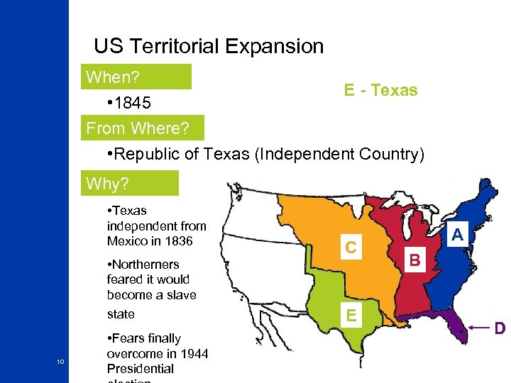 US Territorial Expansion When? E - Texas • 1845 From Where? • Republic of