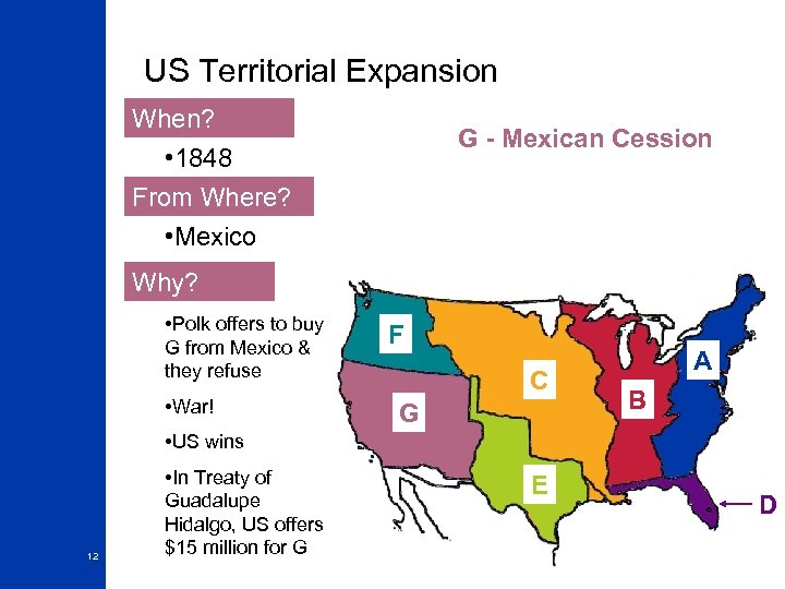 US Territorial Expansion When? G - Mexican Cession • 1848 From Where? • Mexico