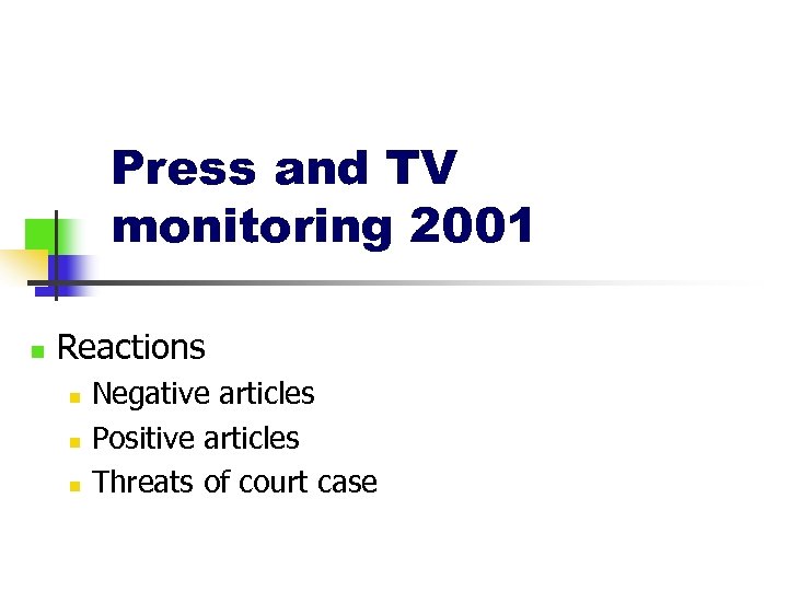 Press and TV monitoring 2001 n Reactions n n n Negative articles Positive articles