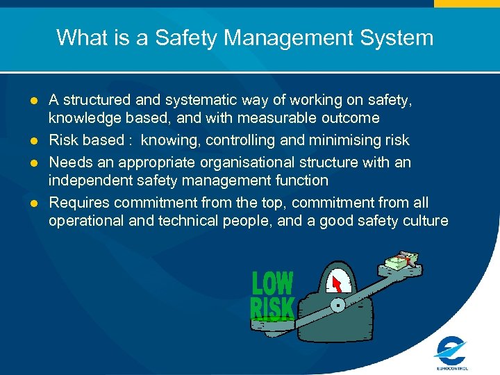 What is a Safety Management System l l A structured and systematic way of