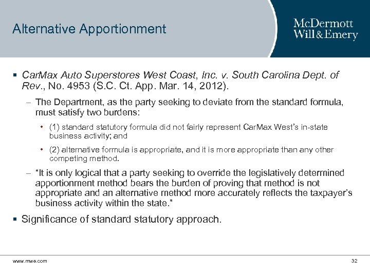 Alternative Apportionment § Car. Max Auto Superstores West Coast, Inc. v. South Carolina Dept.