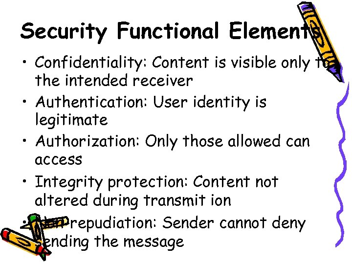 Security Functional Elements • Confidentiality: Content is visible only to the intended receiver •