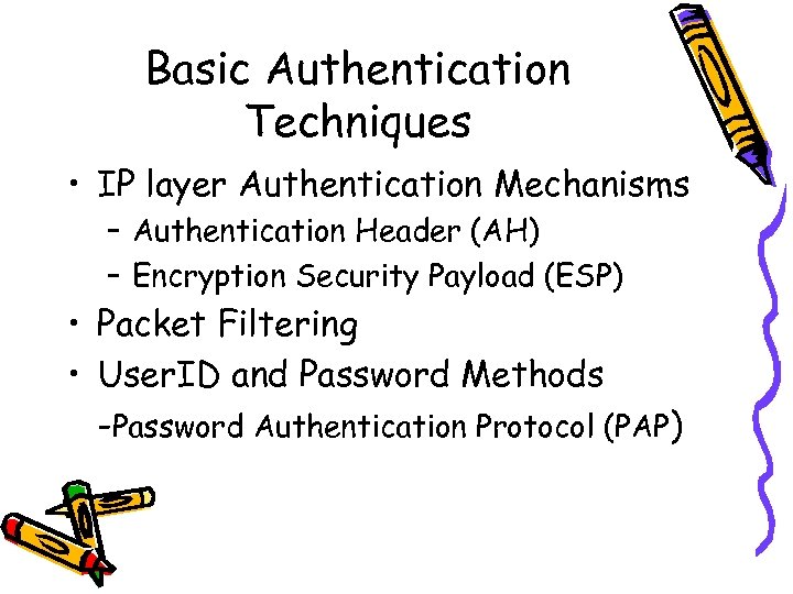 Basic Authentication Techniques • IP layer Authentication Mechanisms – Authentication Header (AH) – Encryption