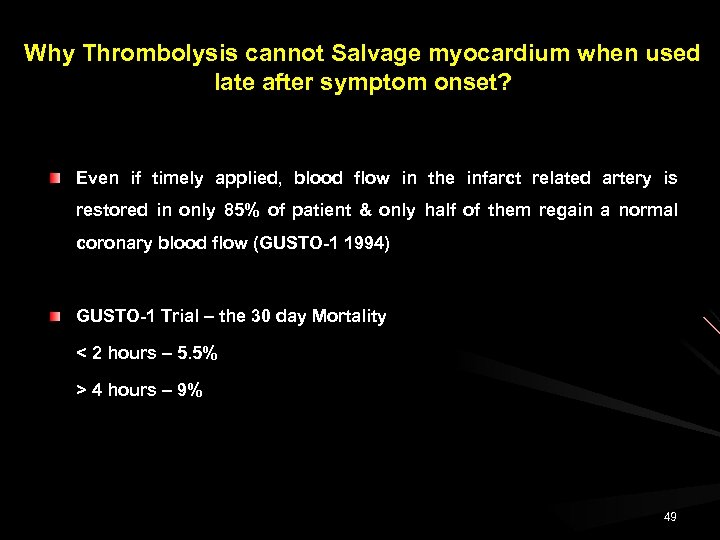 Why Thrombolysis cannot Salvage myocardium when used late after symptom onset? Even if timely