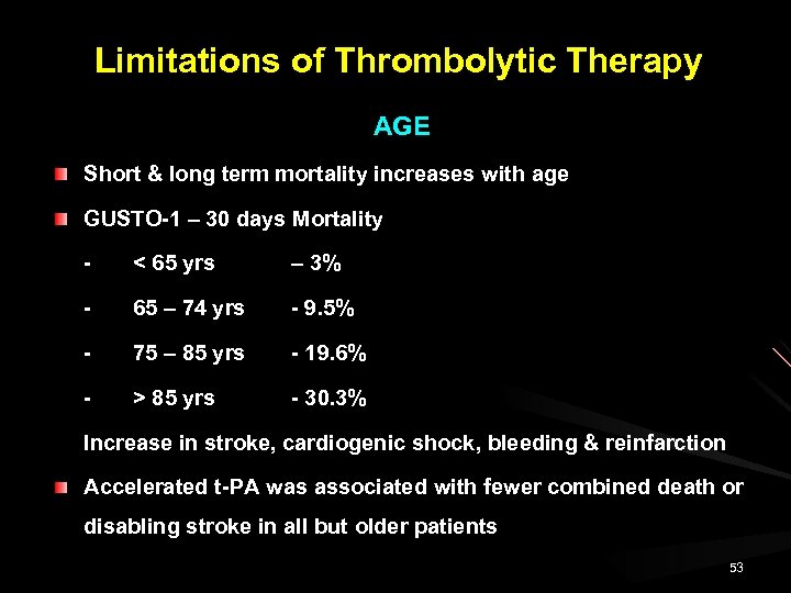 Limitations of Thrombolytic Therapy AGE Short & long term mortality increases with age GUSTO-1