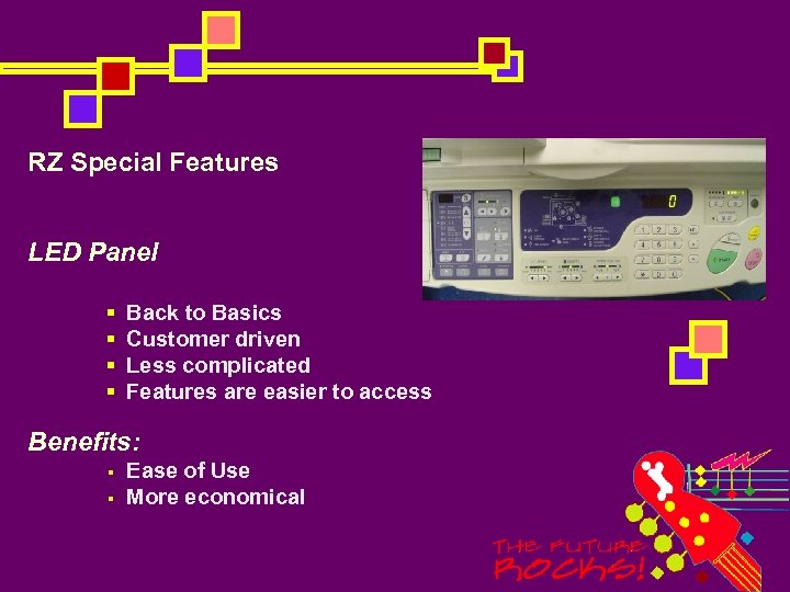 RZ Special Features LED Panel § § Back to Basics Customer driven Less complicated