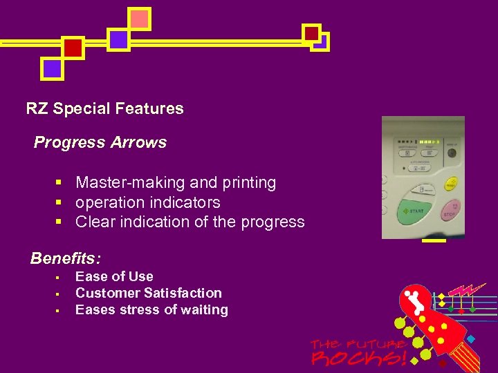 RZ Special Features Progress Arrows § Master-making and printing § operation indicators § Clear