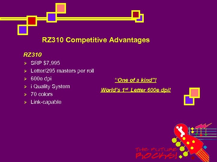 RZ 310 Competitive Advantages RZ 310 Ø Ø Ø SRP $7, 995 Letter/295 masters